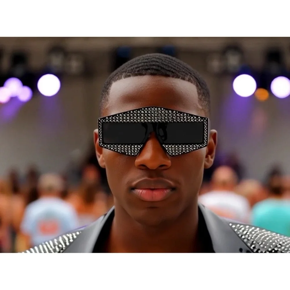 Men Rhinestone Diamond Studded Geometric Sunglasses Fashion Party Eyewear Lentes